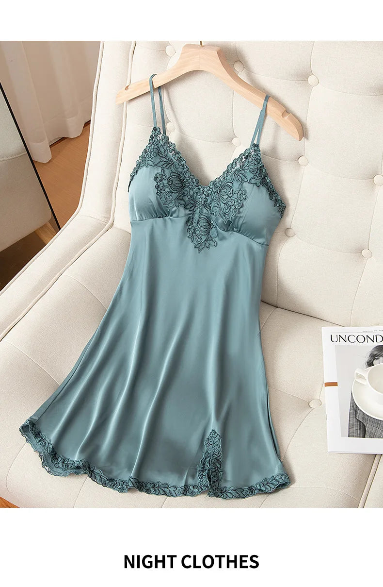 Lace Nightdress Satin Women Sleep Dress Sexy Lingerie Spaghetti Strap Nightgown Soft Sleepwear Home Dressing Gown With Pads