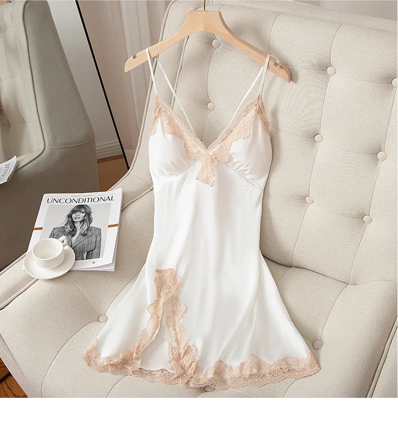 Spaghetti Strap Nightgown Women Nightdress Satin Summer Sexy Intimate Lingerie Soft Sleep Dress V-Neck Home Dressing Gown