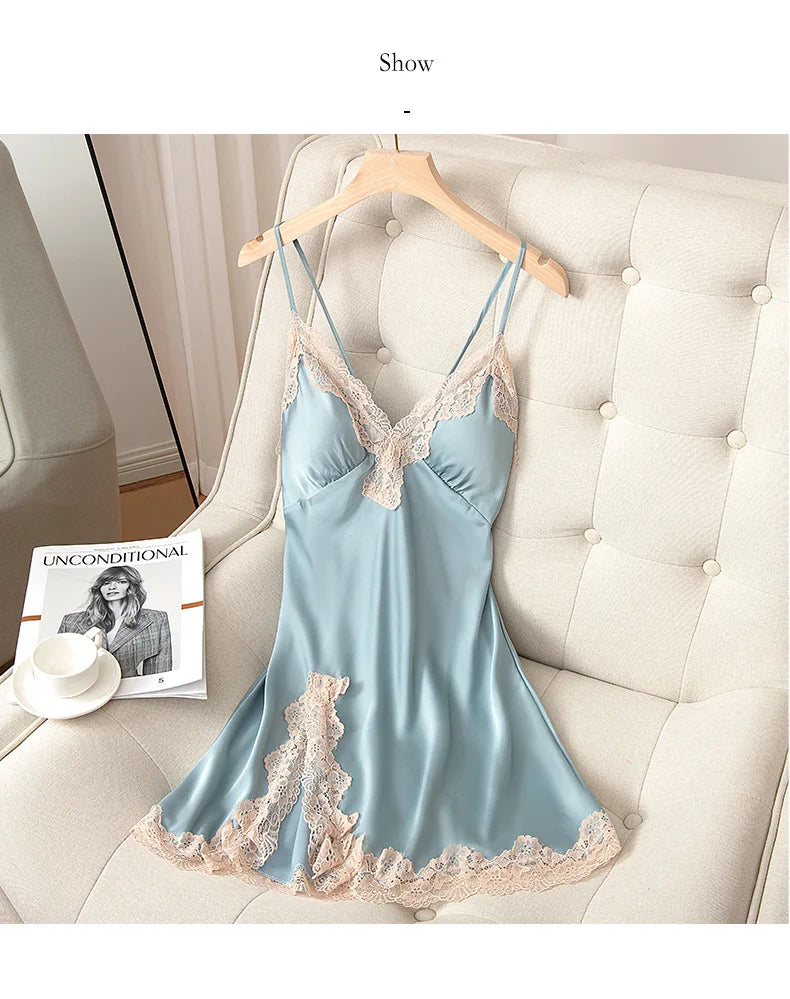 Spaghetti Strap Nightgown Women Nightdress Satin Summer Sexy Intimate Lingerie Soft Sleep Dress V-Neck Home Dressing Gown