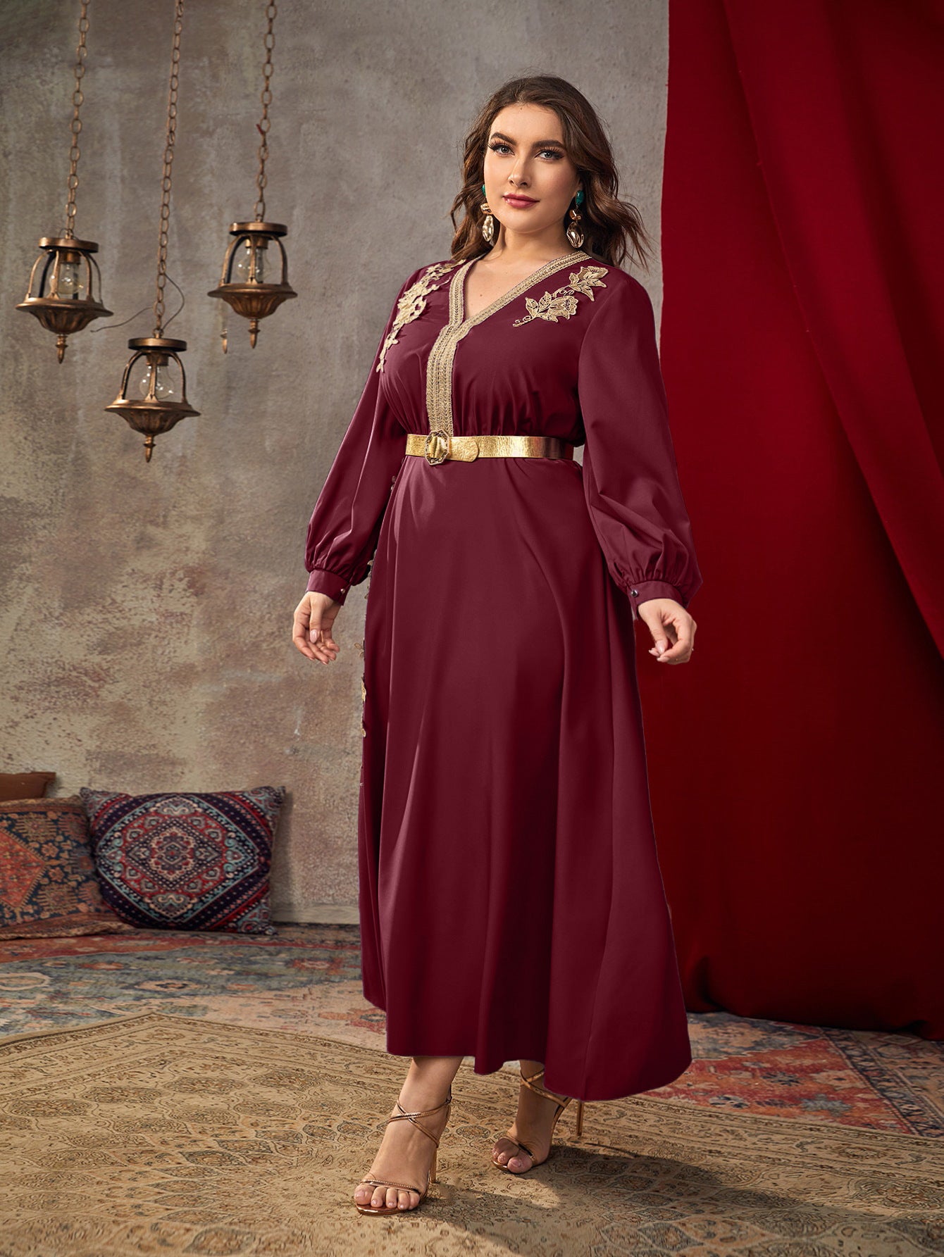 DM-21908 European And American Women's Clothing 2023 Fashion Casual Plus Size V-neck Loose High Waist A- Line Dress