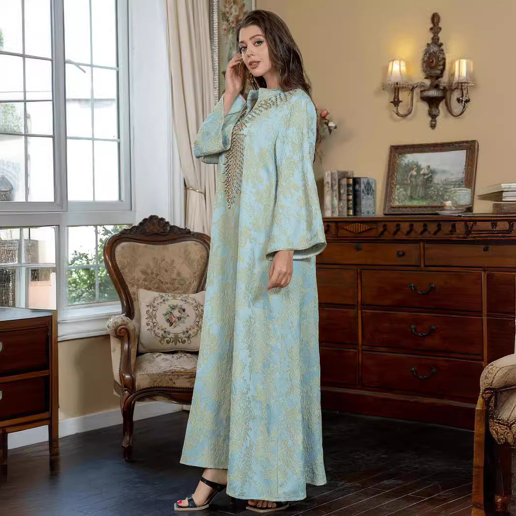 ZD005 Middle East Cross-border Foreign Trade Muslim Jacquard Embroidery Dress Bead Fashion Women's Robe Abaya