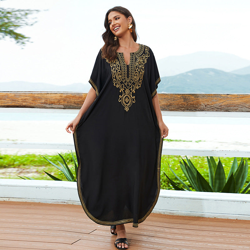 Cross-border European And American Cotton Embroidered Holiday Loose Plus Size Jumpsuit Long Dress Beach Coat Women's Robe Bikini Blouse