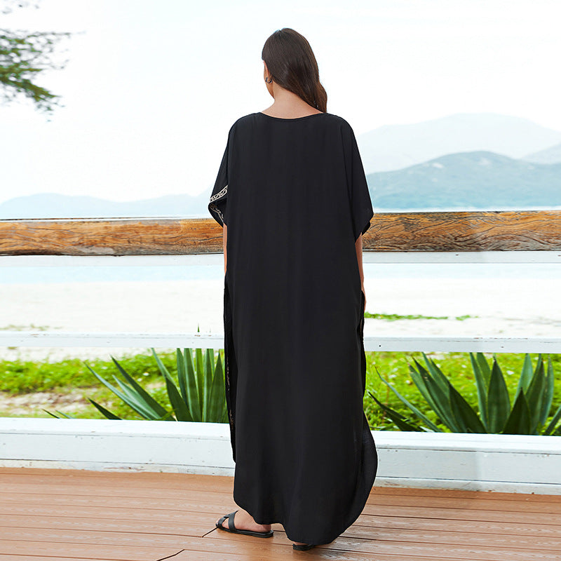 New Rayon Embroidered Loose Plus Size Robe Beach Blouse Vacation Jumpsuit Long Dress Bikini Outer Wear Cross-border