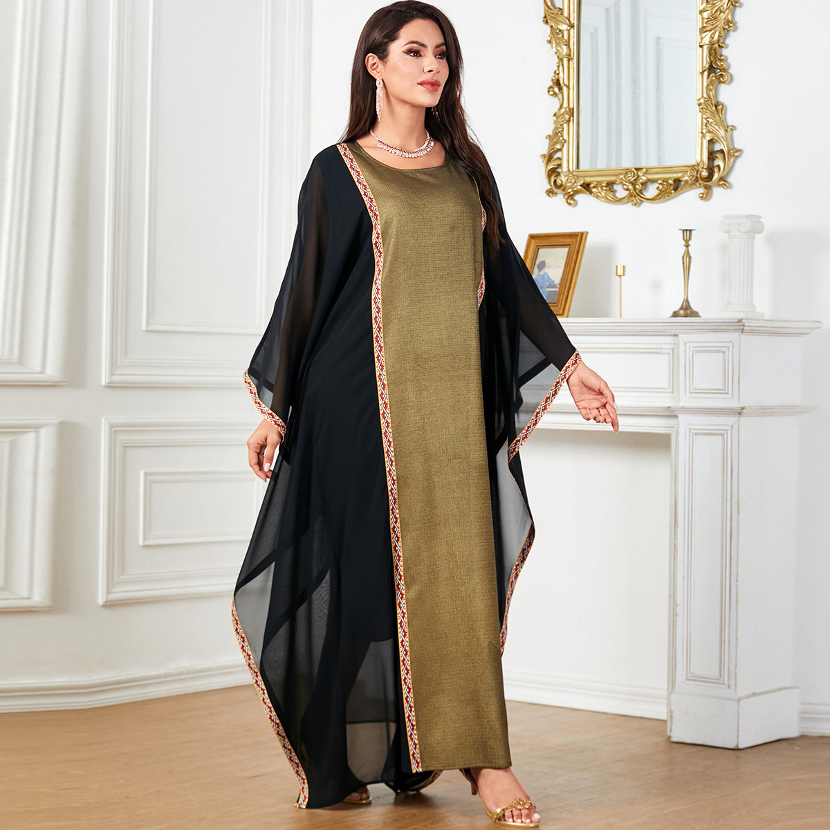 4001abaya Women's Middle East Foreign Trade Cross-border Long Dress Bronzing Ribbon Stitching Bat Sleeve Loose Dress