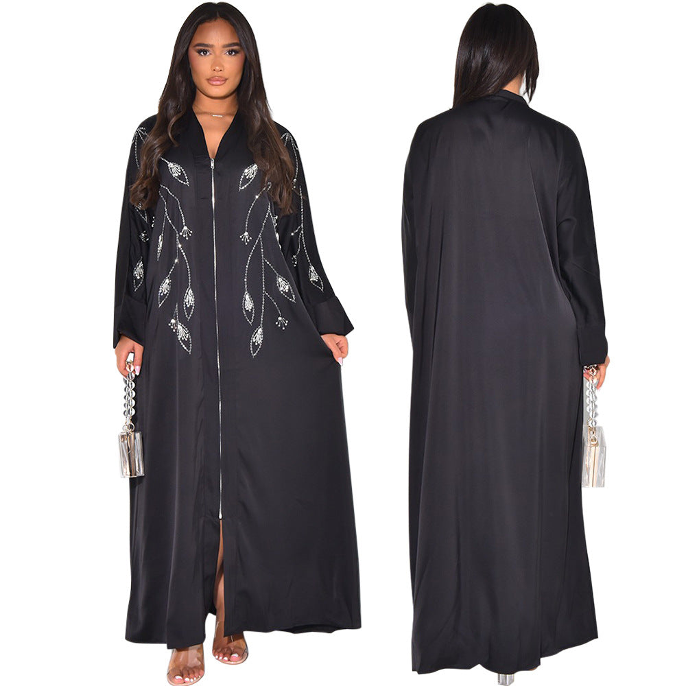 XQY500329 Cross Border Middle East Muslim Women's Robe Abaya Fashion Waldo Satin Rhinestone Zip Long Dress