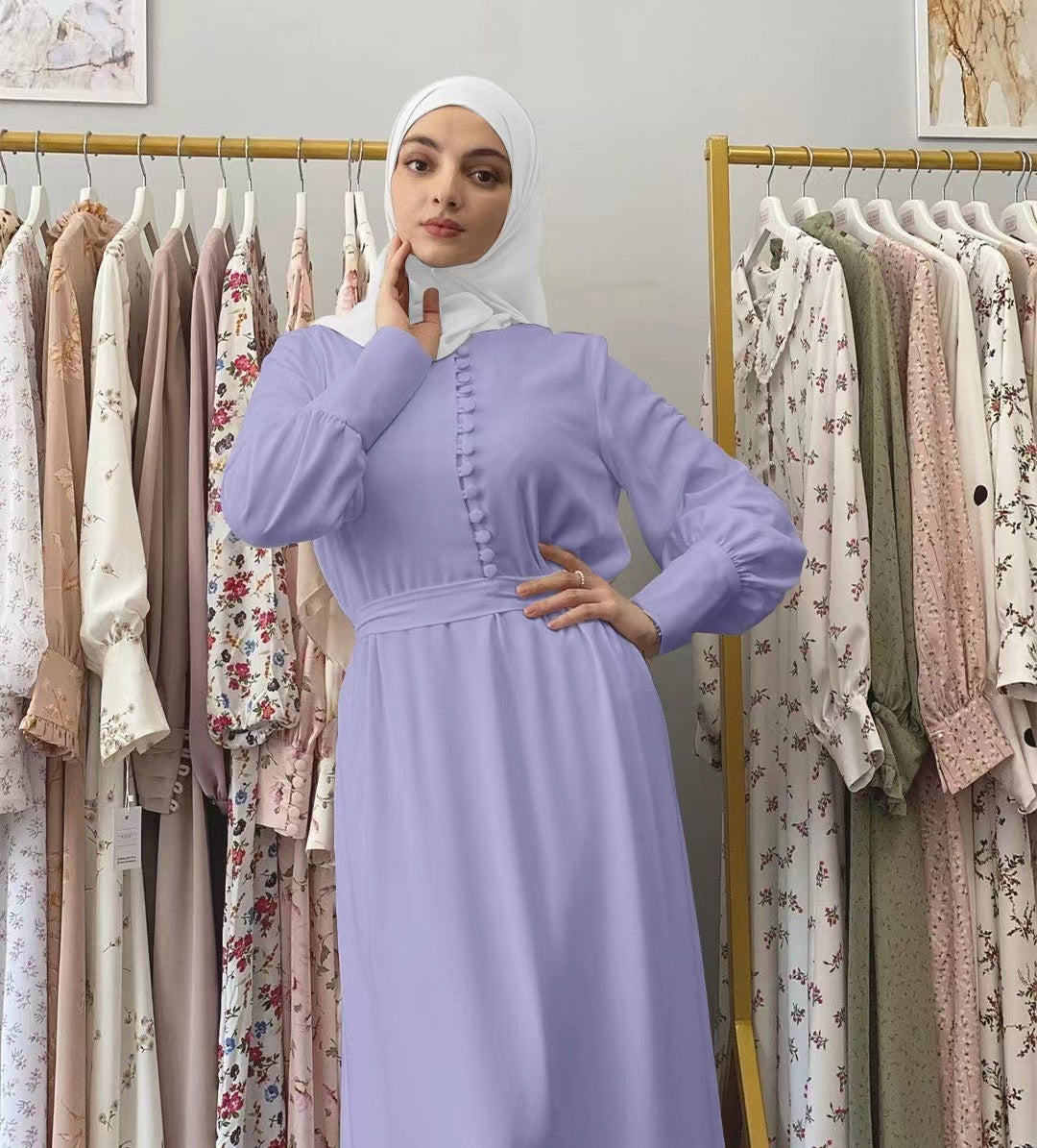 Spot Hot Sale Ethnic Long Sleeve Cotton Muslim Middle East Southeast Asia Four Seasons Universal Solid Color Dress ABAYA