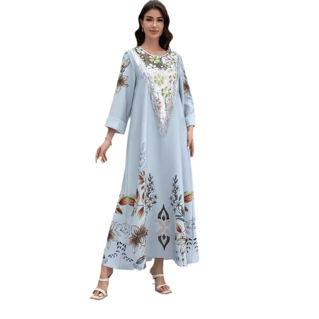 SW0832 Middle East Cross Border Muslim Women Robe Abaya Hot Rhinestone Print Dress AliExpress Foreign Trade