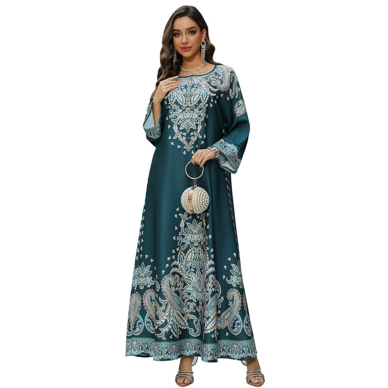 AB425 Cross Border Muslim Robe Printed Dubai Women's Dress Middle East Foreign Trade Hot Diamond Skirt Jalabiya