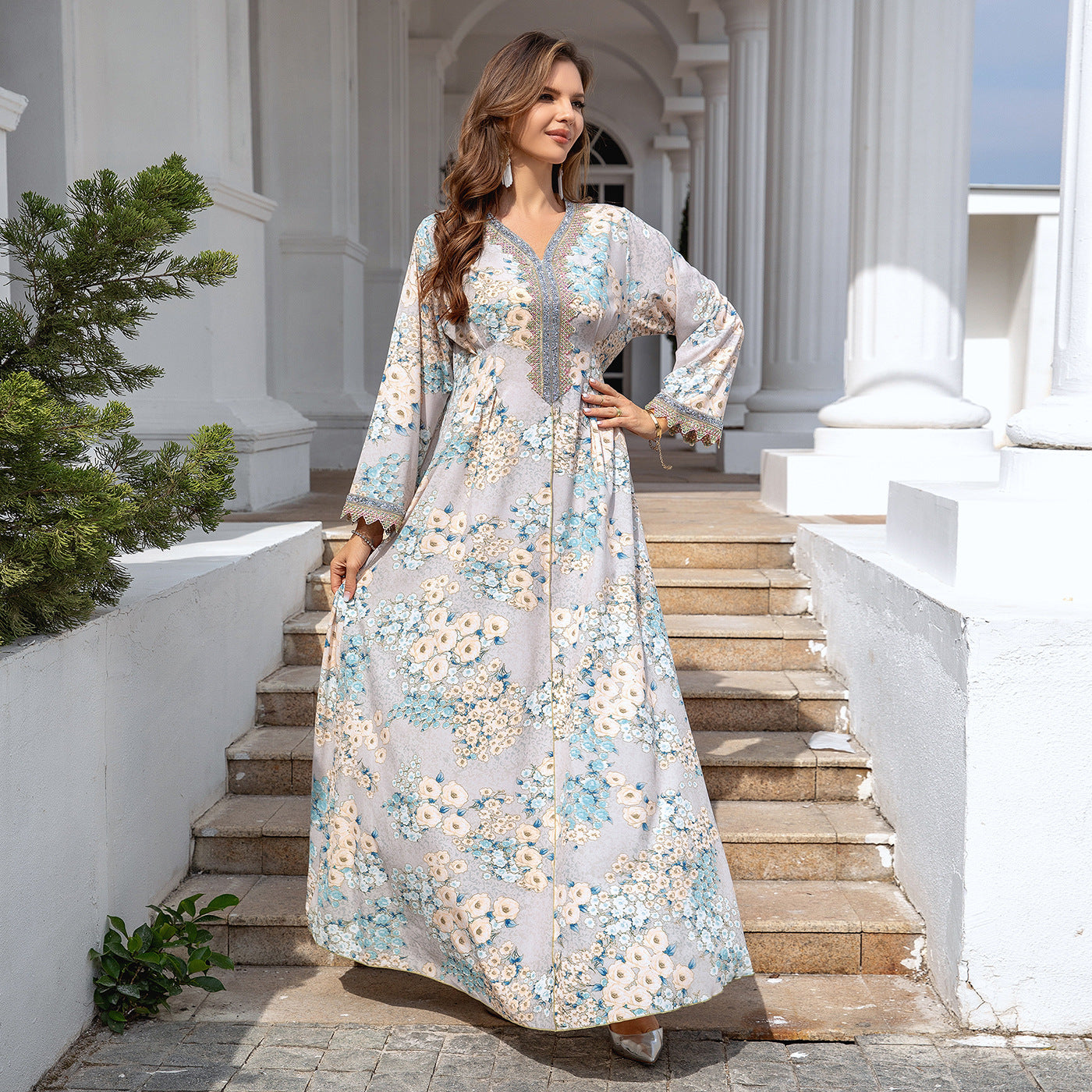 Cross Border Trade Muslim Robe Women Abaya Dubai Loose Evening Dress Printing Dress Wholesale