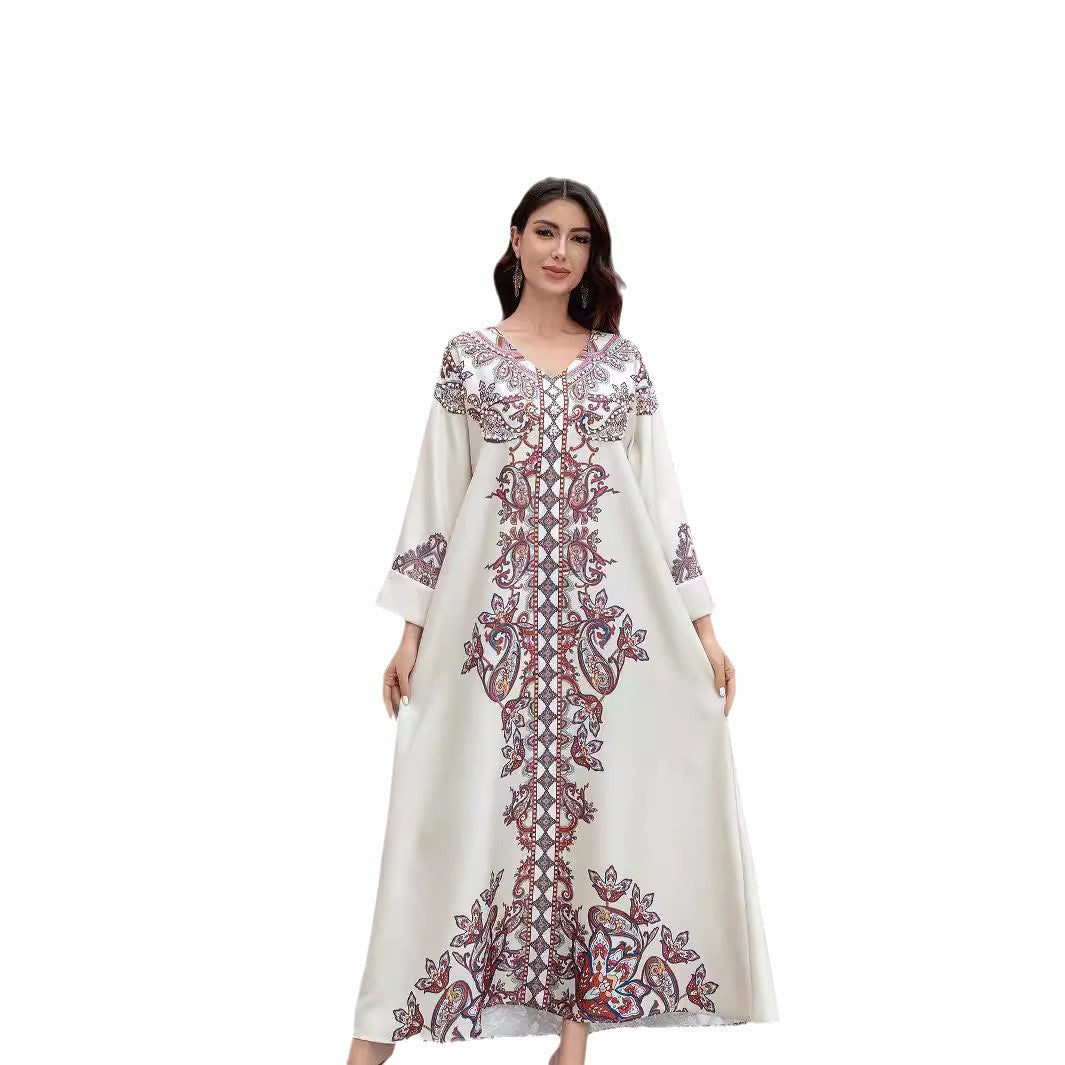 SW0826 Middle East Cross Border Muslim Women Robe Elegant Print Beaded Dress Dubai Foreign Trade Abaya