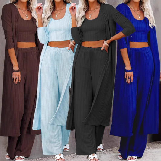 Middle East European And American Casual Suit Vest Trousers Robe Three-piece Set Autumn And Winter New Women's Home Clothes Pajamas