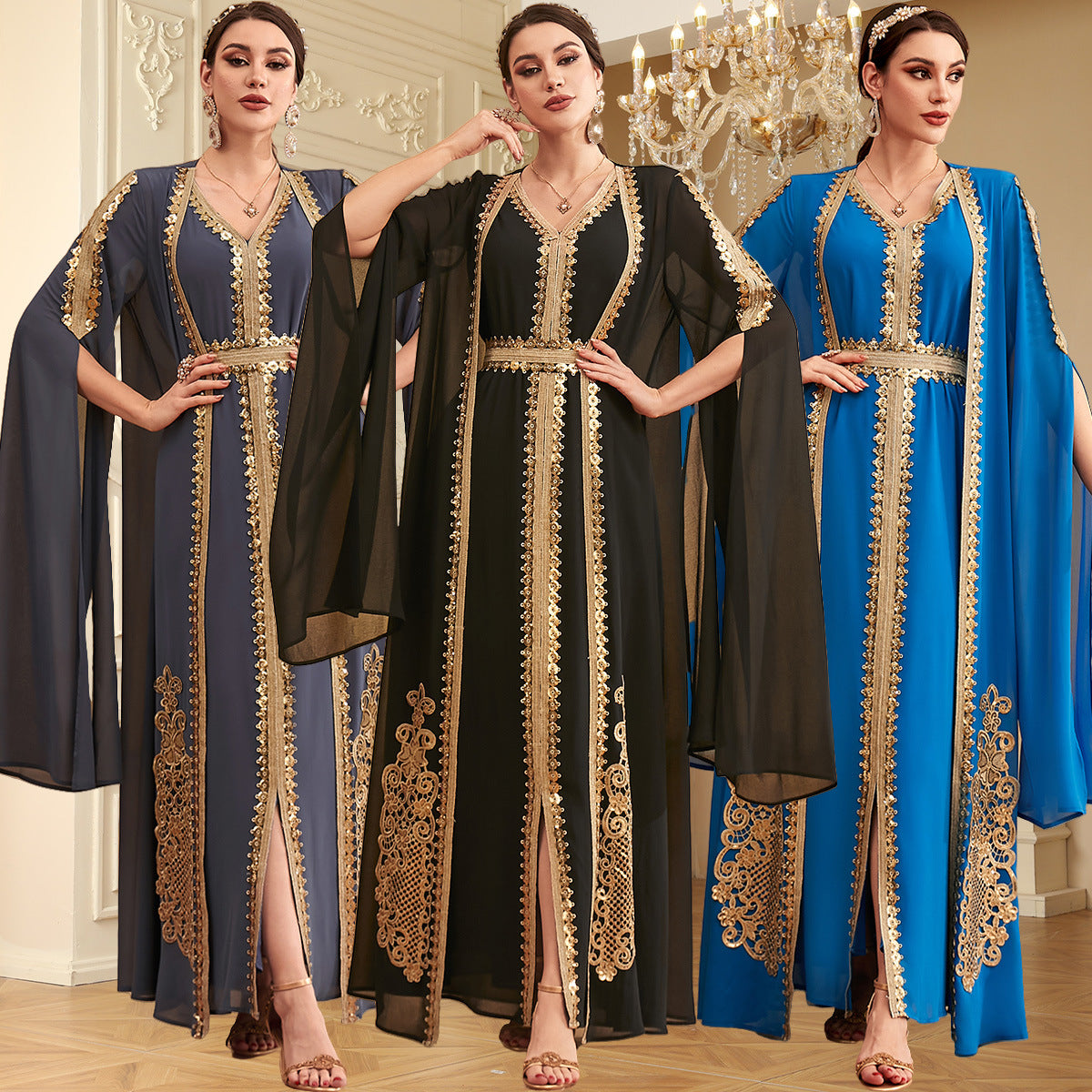 3927 Middle East Cross-Border Arab Evening Dress Abaya Robe Dubai Sequins Super Long Sleeve Two-Piece Dress