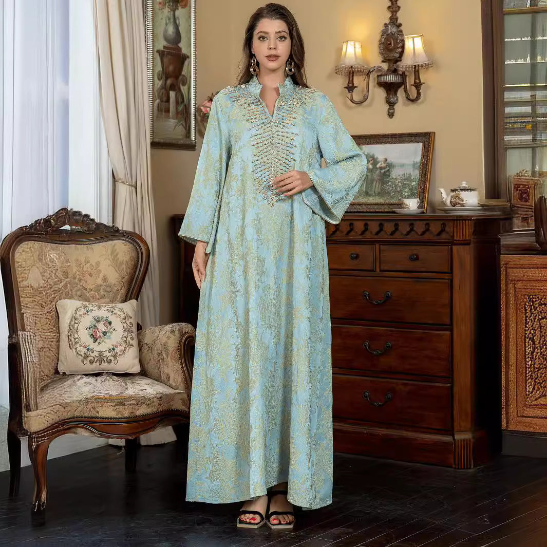 ZD005 Middle East Cross-border Foreign Trade Muslim Jacquard Embroidery Dress Bead Fashion Women's Robe Abaya