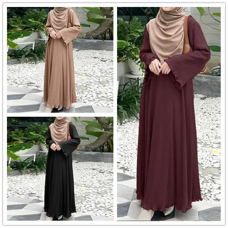 Muslim Middle East Southeast Asia Fashion Casual Pure Color Cotton Linen Loose Plus Size Pullover Dress