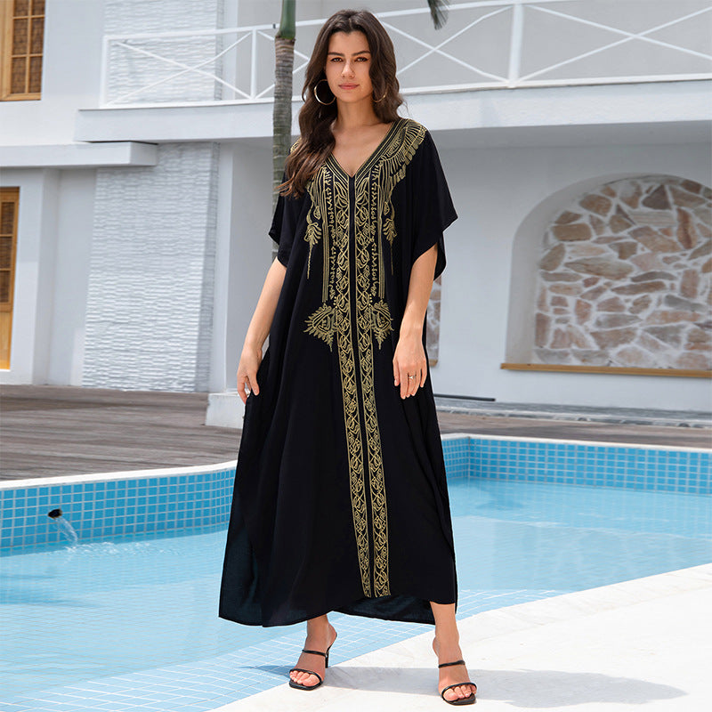 2025 New European And American Rayon Gold Thread Embroidered Beach Blouse Robe Embroidered Holiday Skirt Bikini Outer Blouse