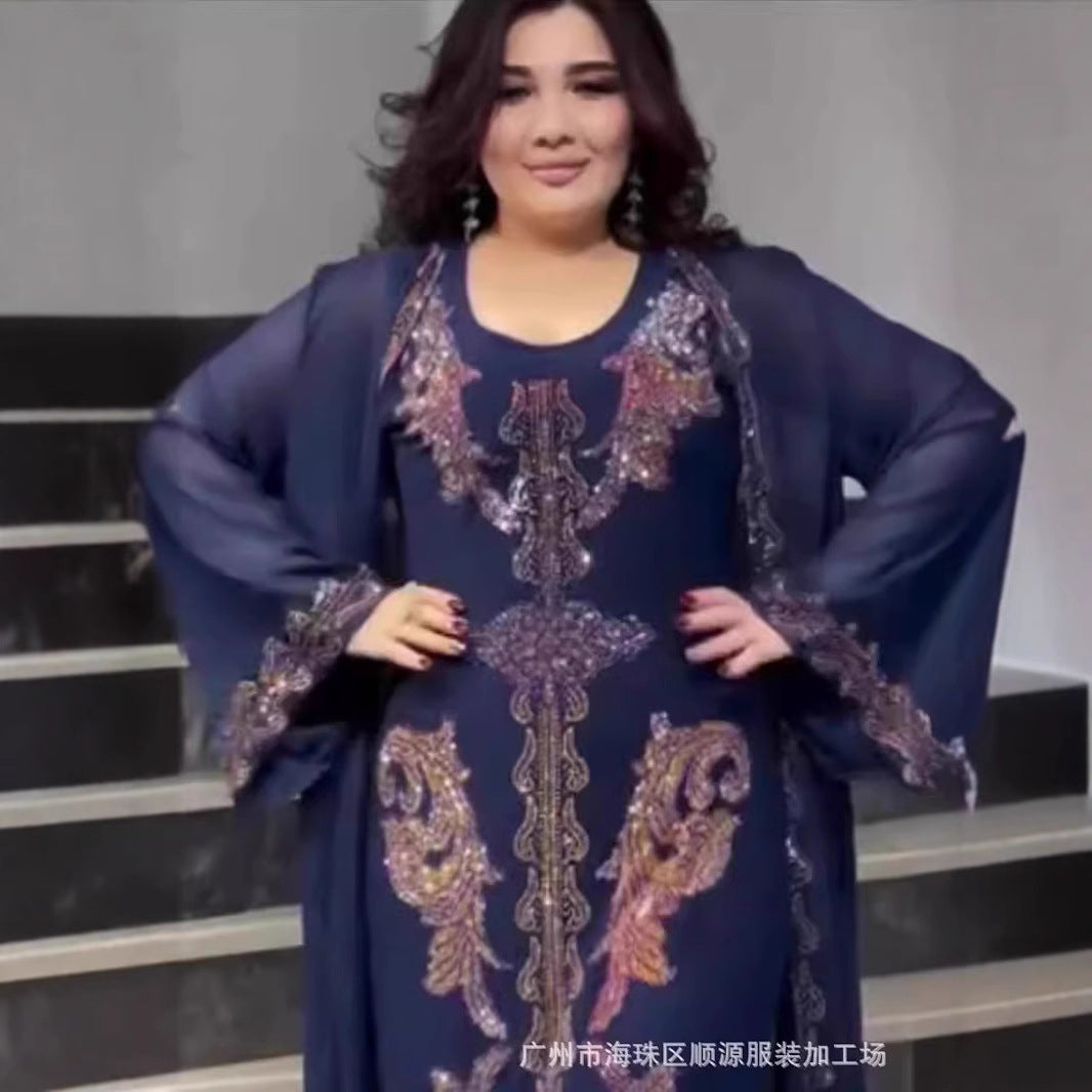 Cross-border European And American Clavicle Black Cardigan Mother Plus Size Hot Diamond Printed Heavy Silk Dress Two-piece Set