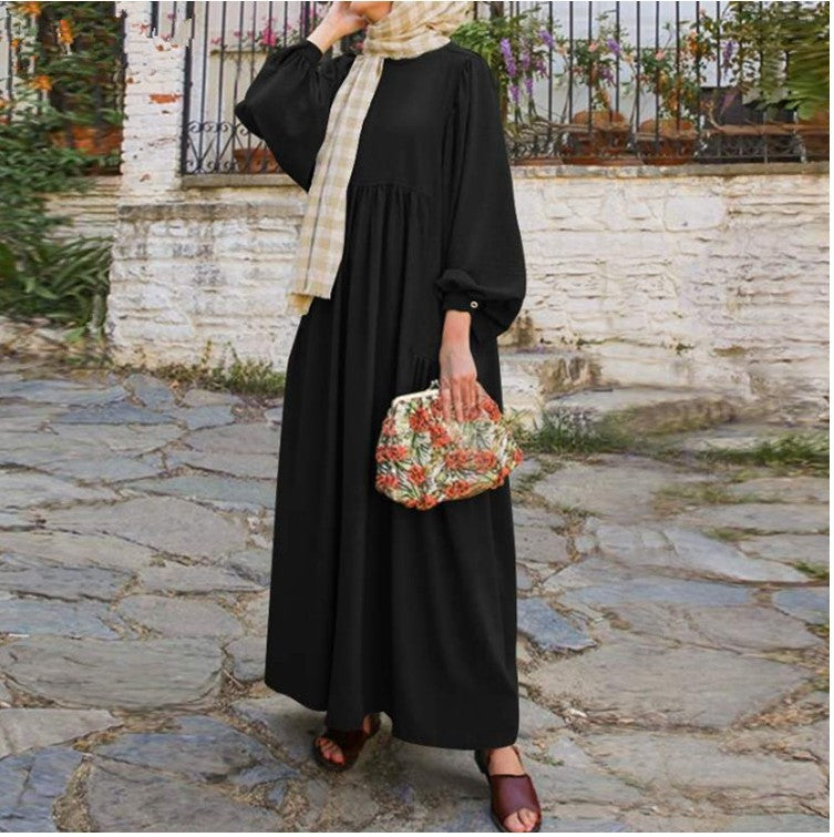 Shrimp Skin Middle Eastern Robe Muslim Women&#039;s Solid Long Pullover Round Neck Dress