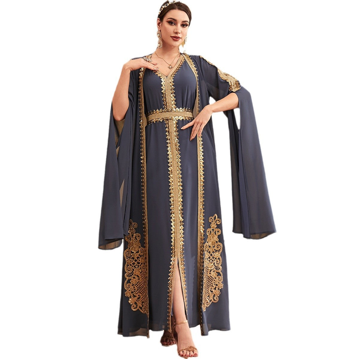 3927 Middle East Cross-Border Arab Evening Dress Abaya Robe Dubai Sequins Super Long Sleeve Two-Piece Dress