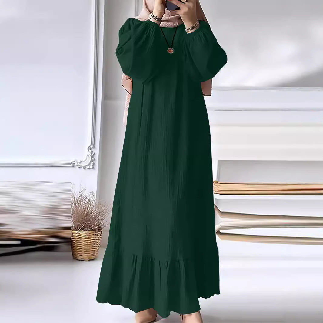 2024 Muslim Women&#039;s Robe Spring And Autumn New Fashion Puff Sleeve Vintage Pocket Hem Ruffled Dress