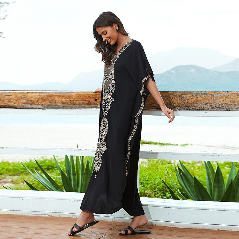 New Rayon Embroidered Loose Plus Size Robe Beach Blouse Vacation Jumpsuit Long Dress Bikini Outer Wear Cross-border