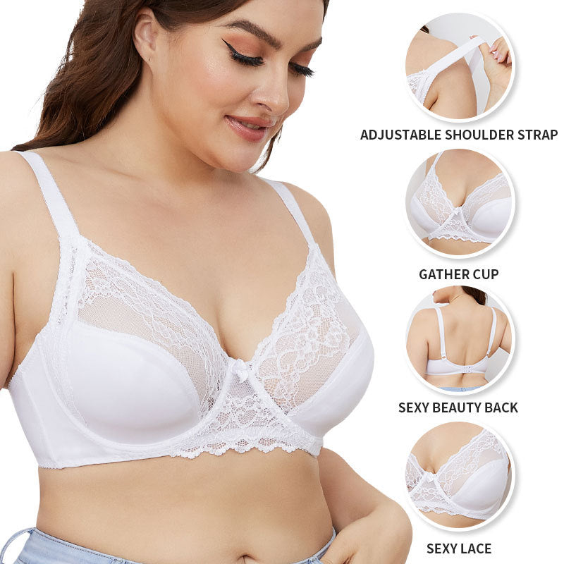 Lace Thin Cotton Cup Adjustable Bra Women&#039;s Steel Ring Big Chest Small Plus Size Underwear