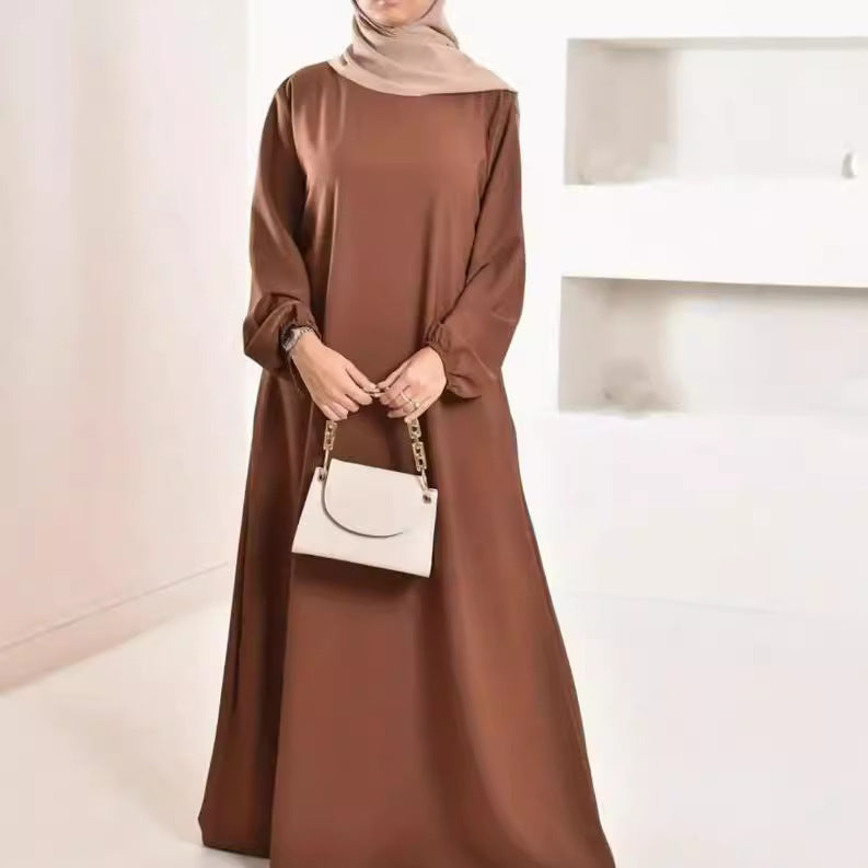 Muslim Robe Women Fashion Casual Solid Color Round Neck Long Sleeve Dress