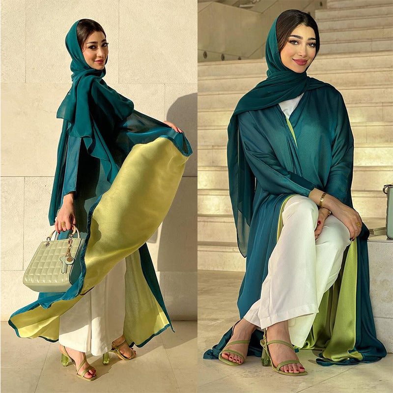 MQ080 Independent Station Middle East Abaya Colorblock Jacket Dubai Arabian Chiffon Dress Solid Color Robe