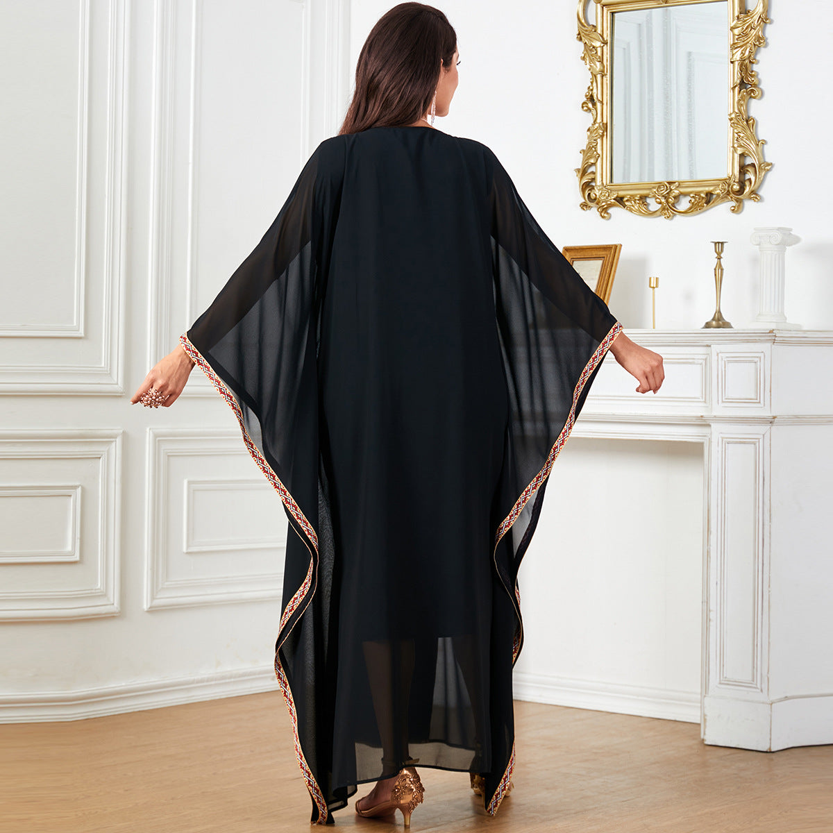 4001abaya Women's Middle East Foreign Trade Cross-border Long Dress Bronzing Ribbon Stitching Bat Sleeve Loose Dress