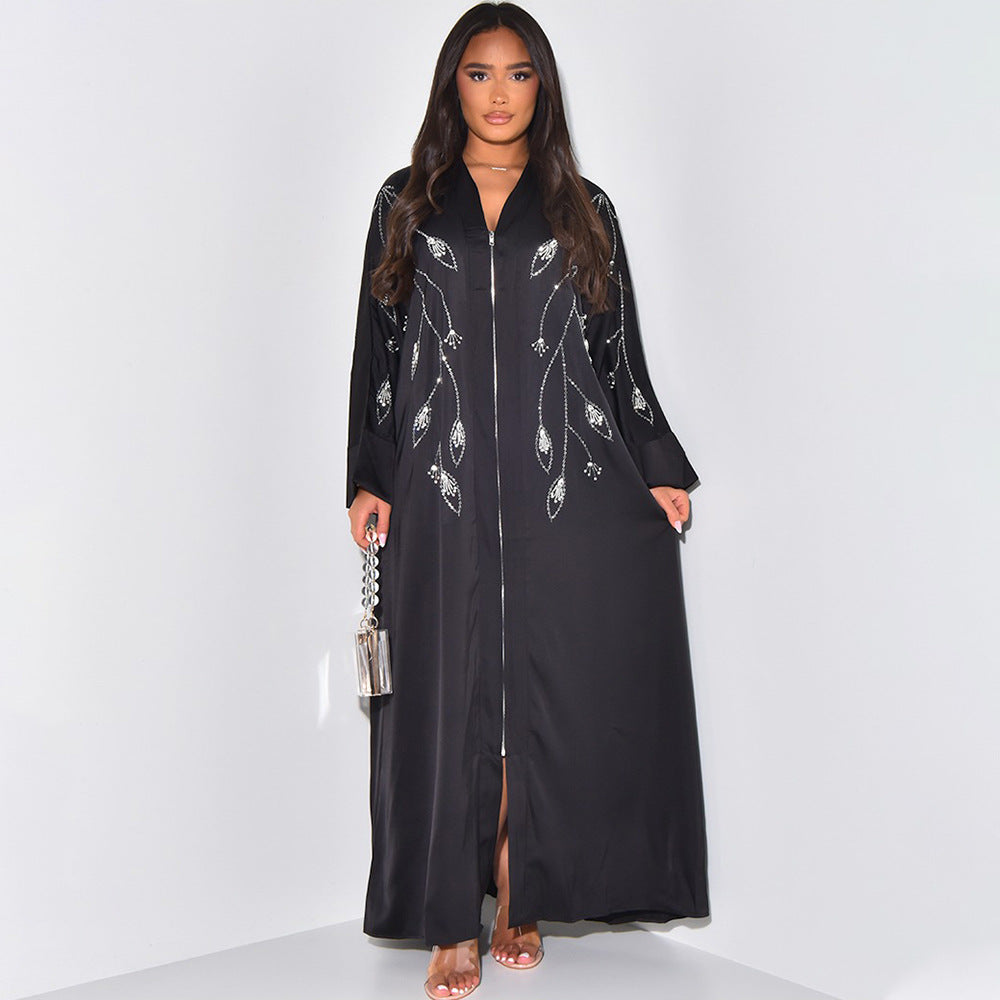 XQY500329 Cross Border Middle East Muslim Women's Robe Abaya Fashion Waldo Satin Rhinestone Zip Long Dress