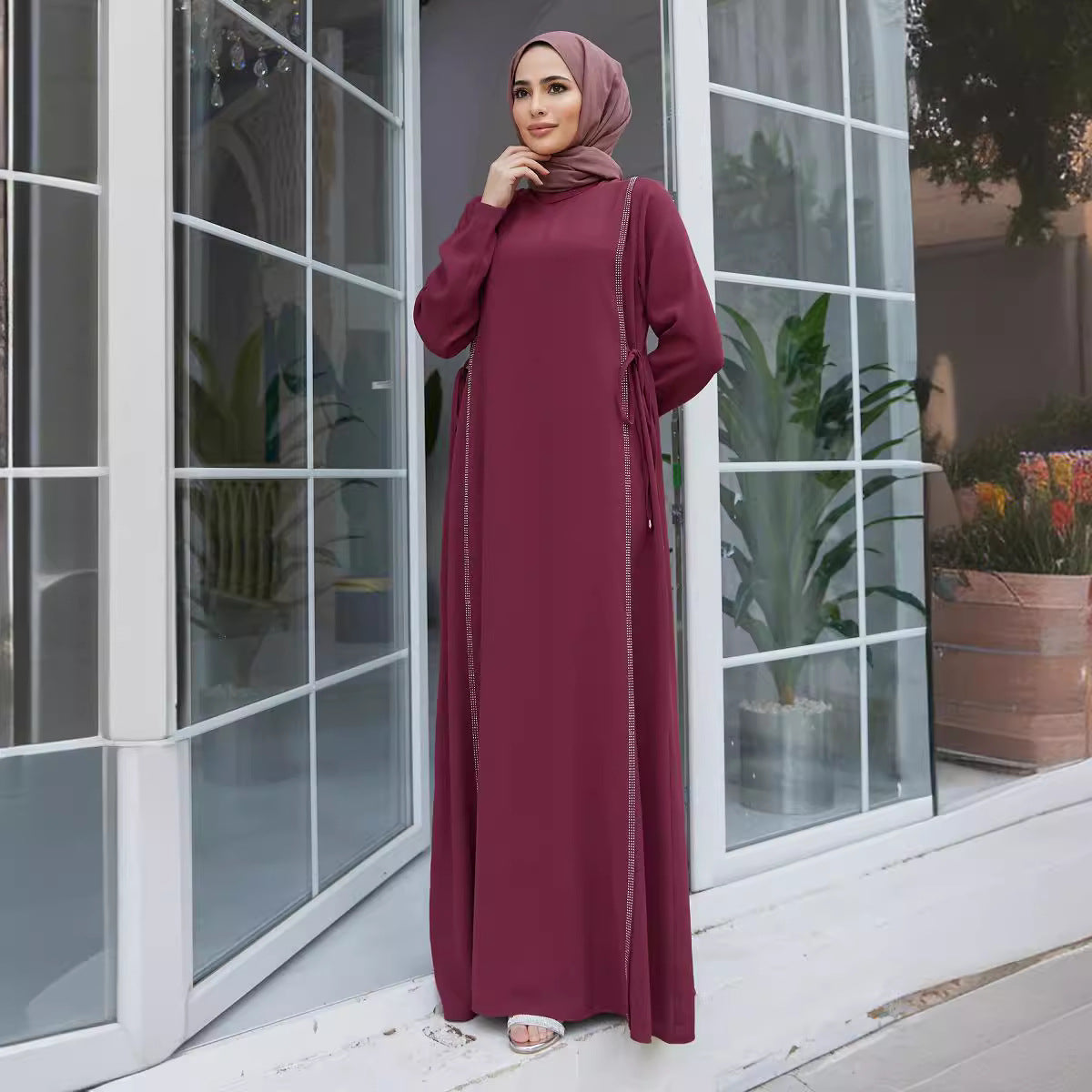 M199#Muslim Middle East Dress AliExpress Amazon Cross-border Abaya Robe Hot Diamond Stitching Waist Dress