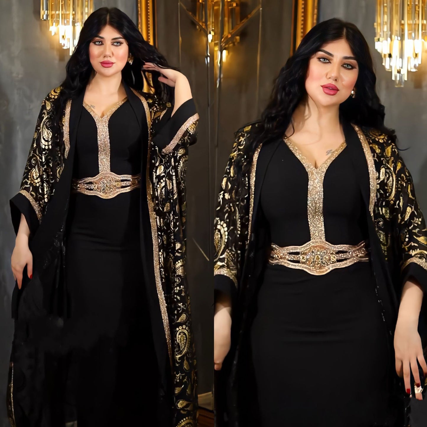 Middle East Cross Border Muslim Saudi Abaya Women Print Dress Suit Two-Piece Dress Robe