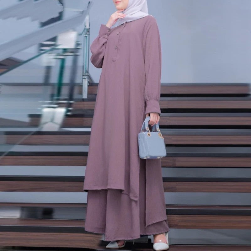 Muslim Solid Color Women&#039;s Two-piece Casual Loose Long-sleeved Wide-leg Pants Suit