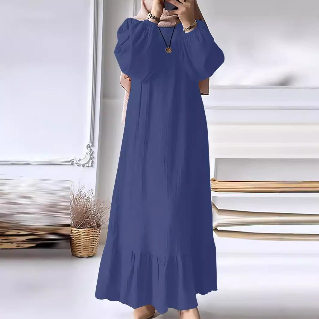 2024 Muslim Women&#039;s Robe Spring And Autumn New Fashion Puff Sleeve Vintage Pocket Hem Ruffled Dress