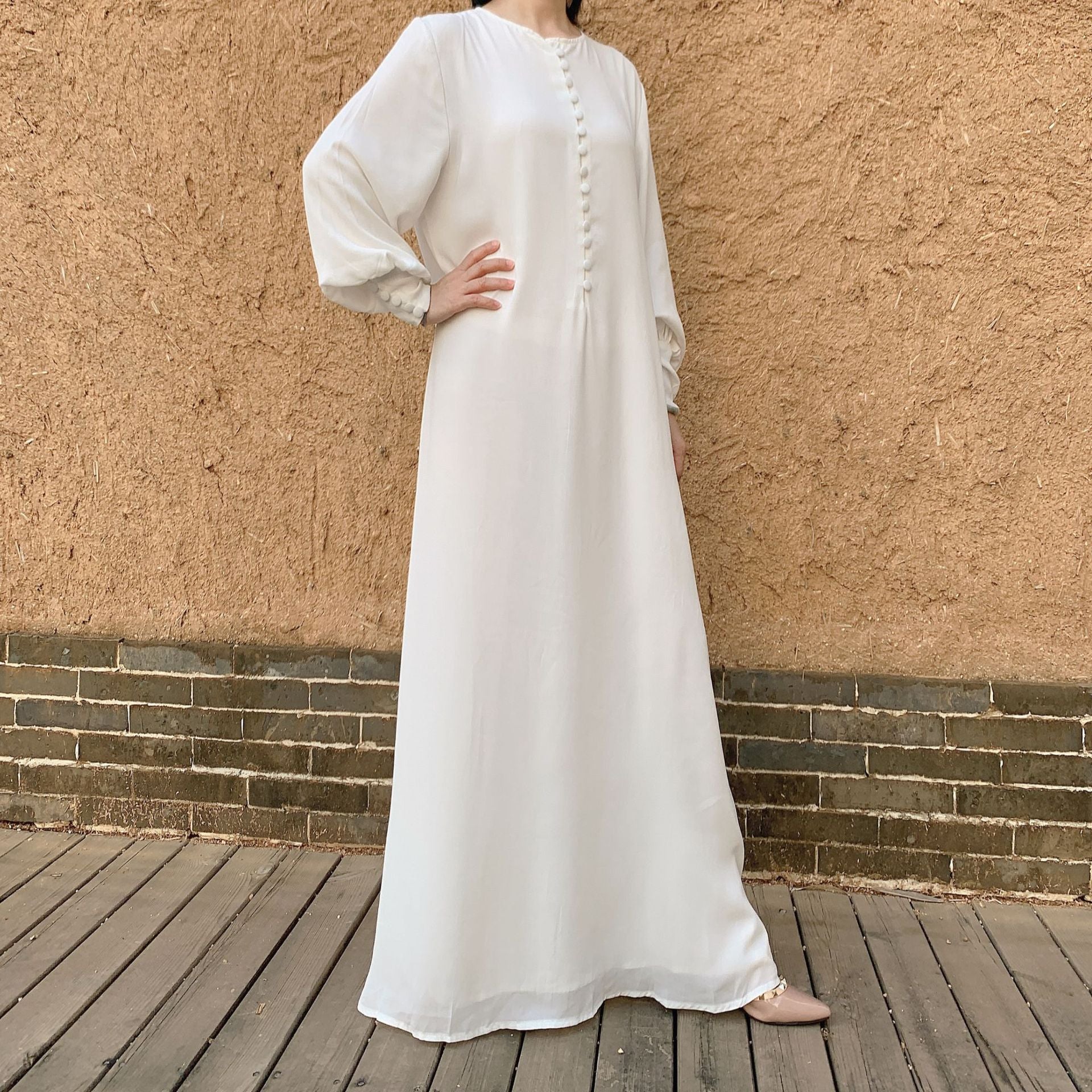 Spot Cross Border Dubai Muslim Women Dress Chiffon Long Sleeve Breasted Elegant Long Dress Muslim Abaya