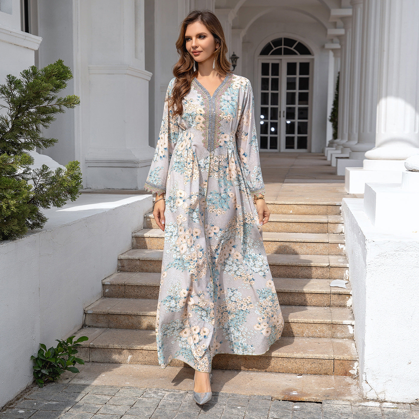 Cross Border Trade Muslim Robe Women Abaya Dubai Loose Evening Dress Printing Dress Wholesale