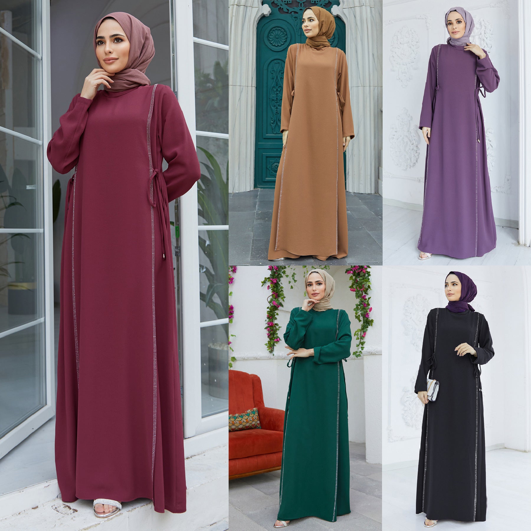 M199#Muslim Middle East Dress AliExpress Amazon Cross-border Abaya Robe Hot Diamond Stitching Waist Dress