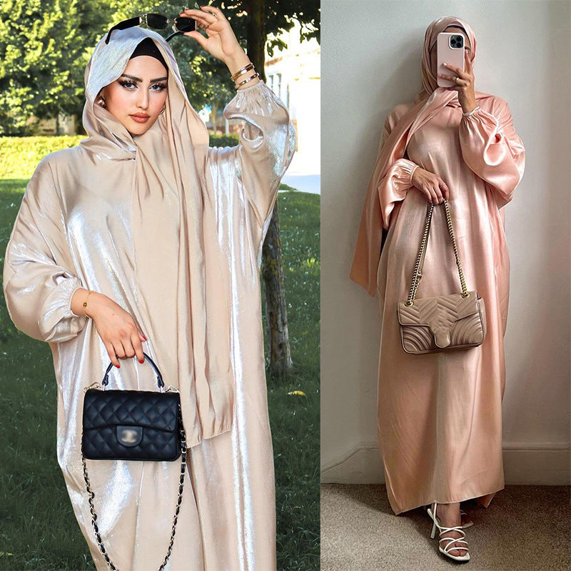 ST002 Cross Border Middle East Women Fashion Shiny Abaya Robe Dubai Muslim Robe New With Turban