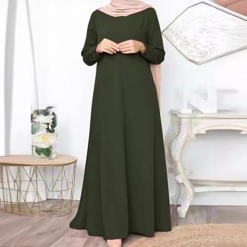 Middle Eastern Muslim Solid Color Loose Pullover Casual Elegant Long-sleeved Long Dress