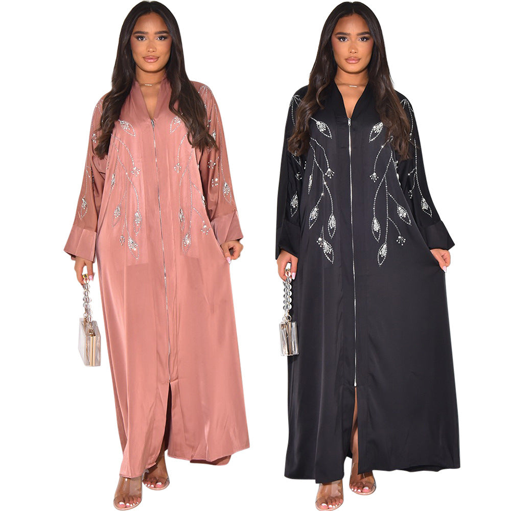 XQY500329 Cross Border Middle East Muslim Women's Robe Abaya Fashion Waldo Satin Rhinestone Zip Long Dress