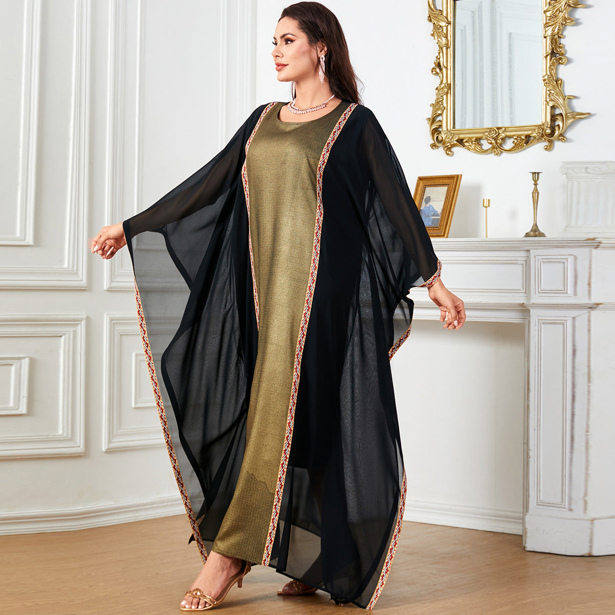 4001abaya Women's Middle East Foreign Trade Cross-border Long Dress Bronzing Ribbon Stitching Bat Sleeve Loose Dress