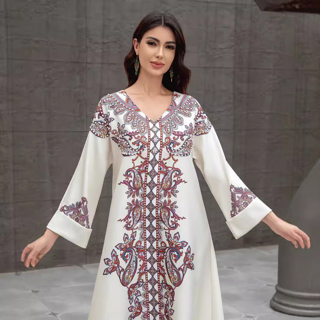 SW0826 Middle East Cross Border Muslim Women Robe Elegant Print Beaded Dress Dubai Foreign Trade Abaya