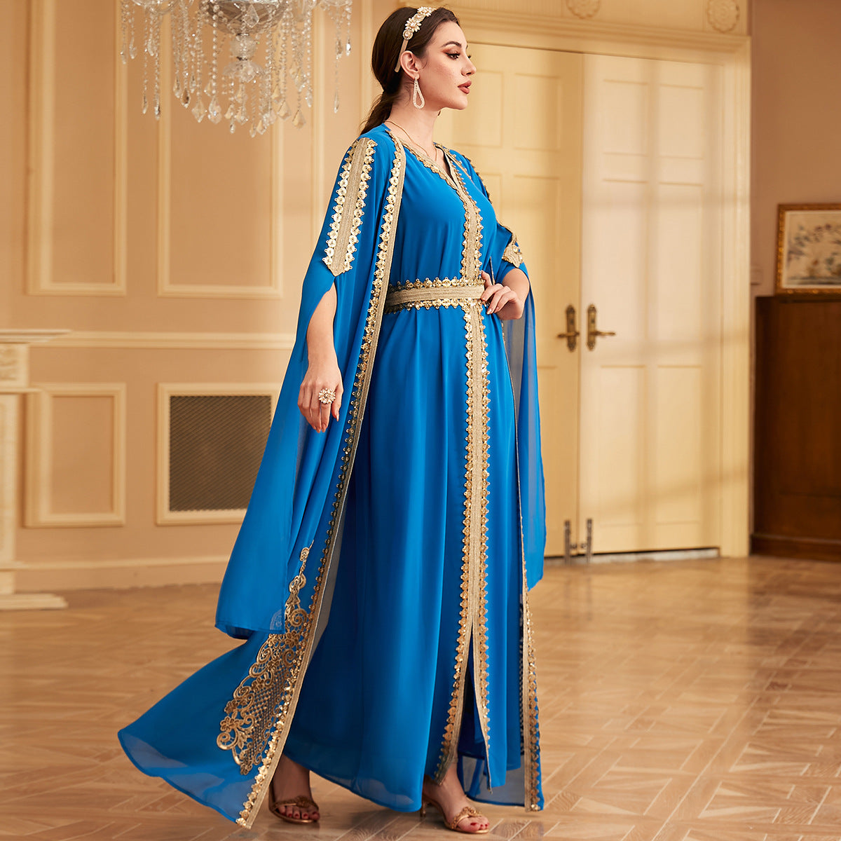 3927 Middle East Cross-Border Arab Evening Dress Abaya Robe Dubai Sequins Super Long Sleeve Two-Piece Dress