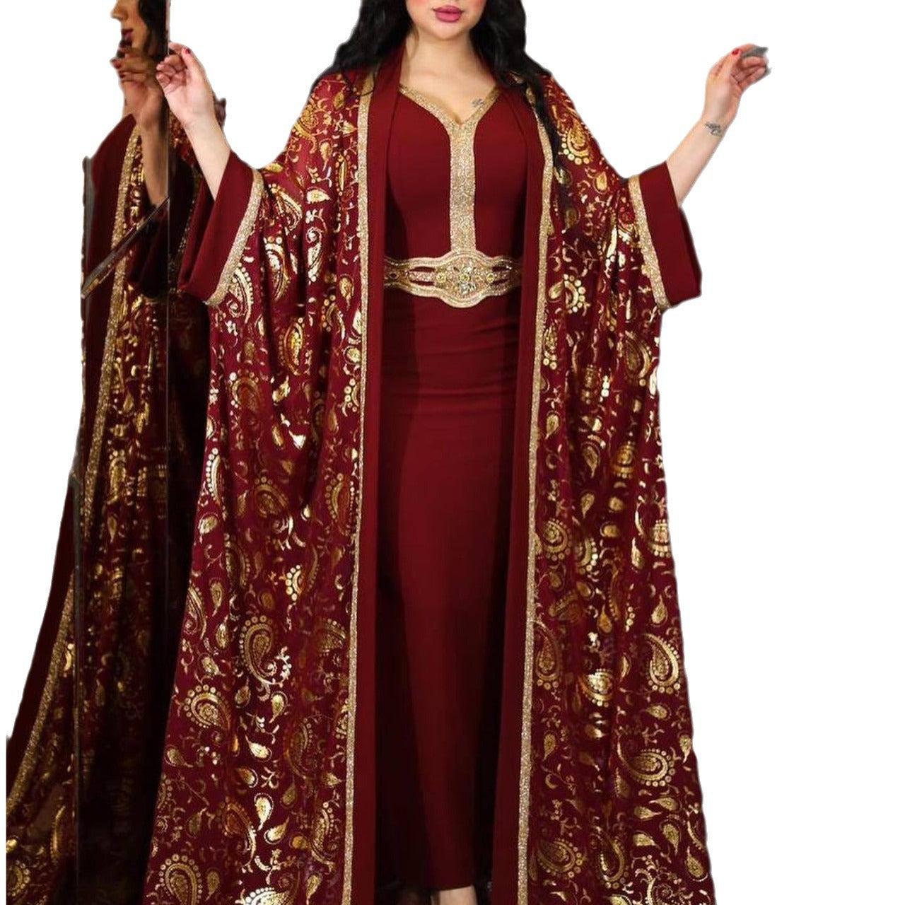 Middle East Cross Border Muslim Saudi Abaya Women Print Dress Suit Two-Piece Dress Robe