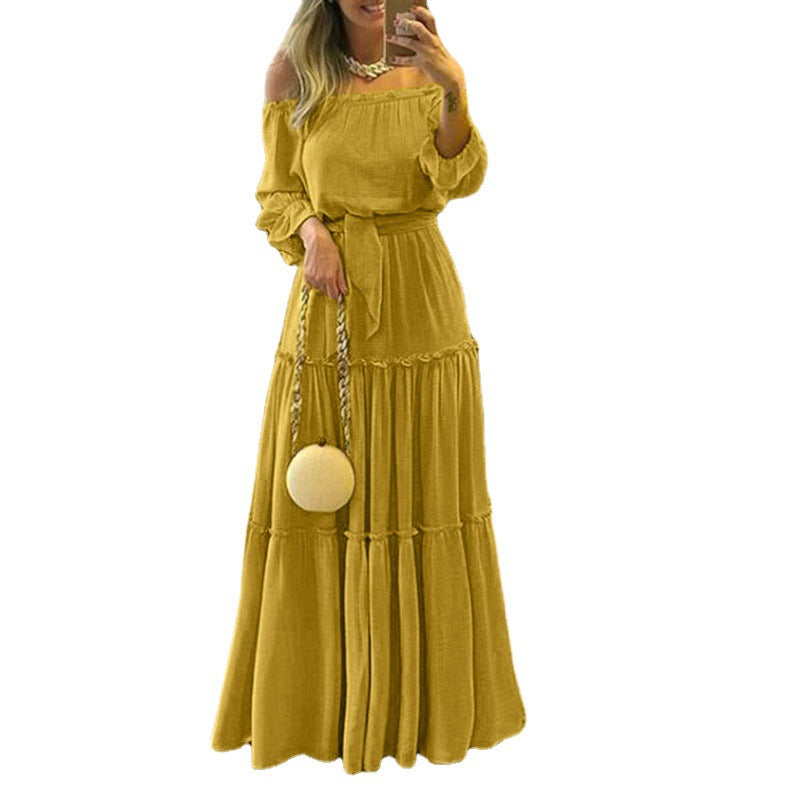 Abaya Summer And Autumn Bohemian Sexy Open-shoulder Bronzing Polo Dot Lace-up Ruffled Long Dress Women's Dress