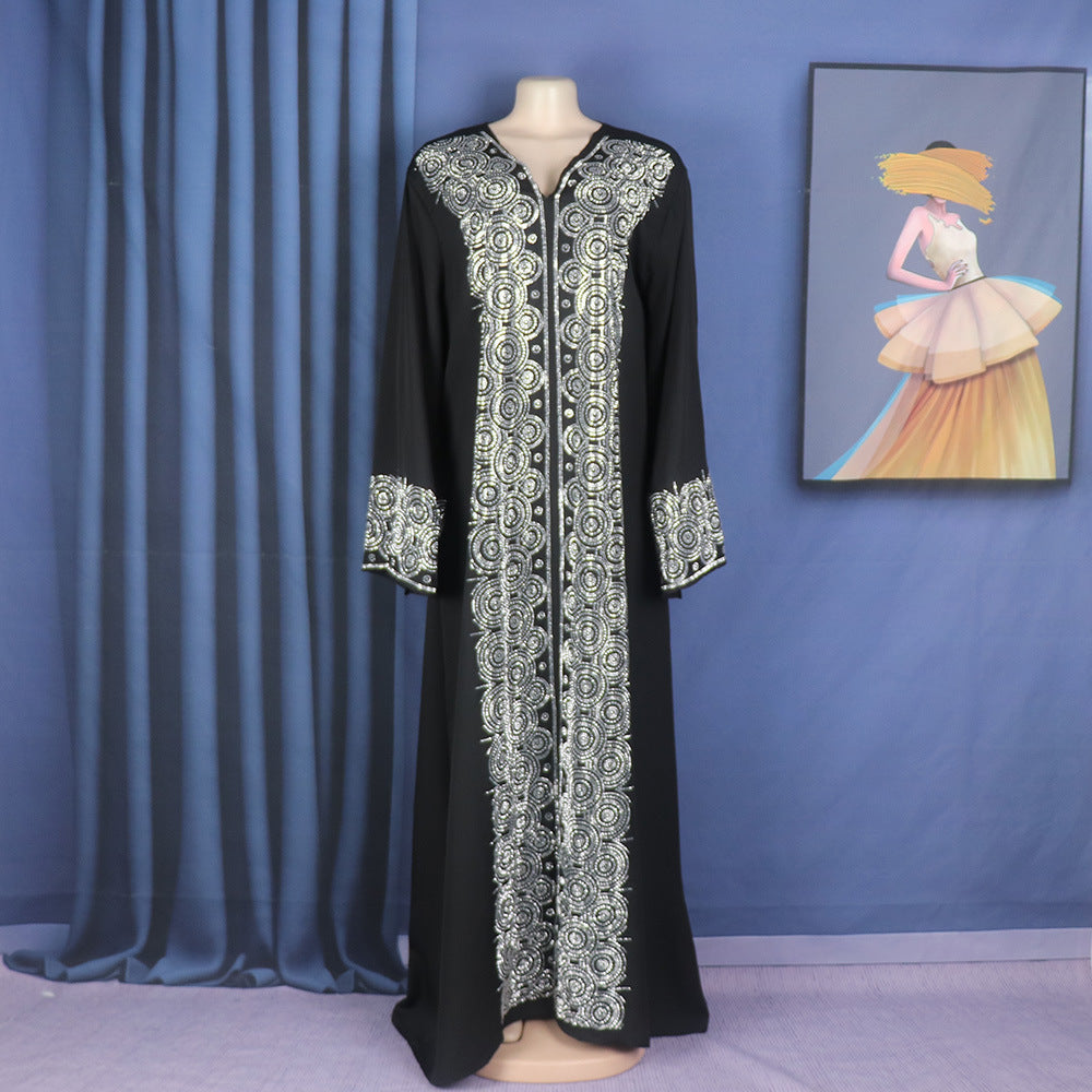 Foreign Trade African Ethnic Style Dress Middle East Muslim Style Robe Fashion V-Neck Rhinting Source Source