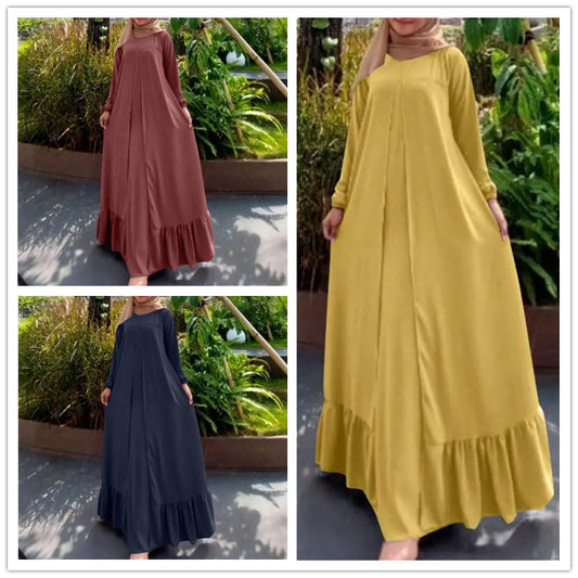 Middle East Muslim Southeast Asian Robe Cotton Linen Loose Elegant Long Sleeve Commuter Long Dress