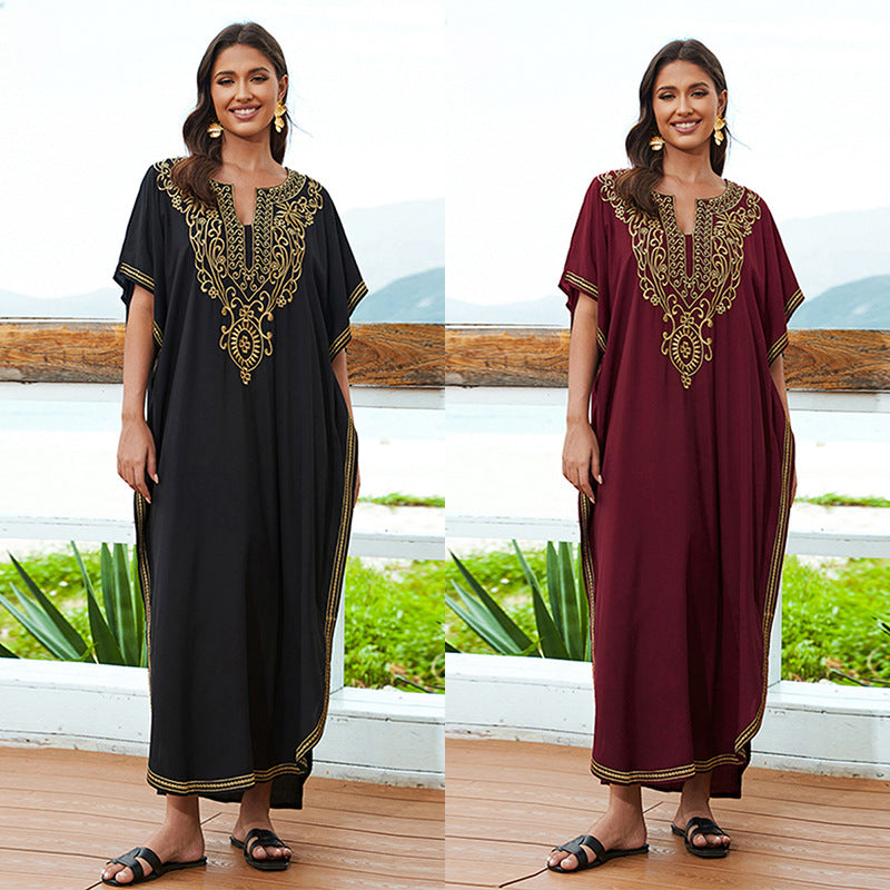 Cross-border European And American Cotton Embroidered Holiday Loose Plus Size Jumpsuit Long Dress Beach Coat Women's Robe Bikini Blouse