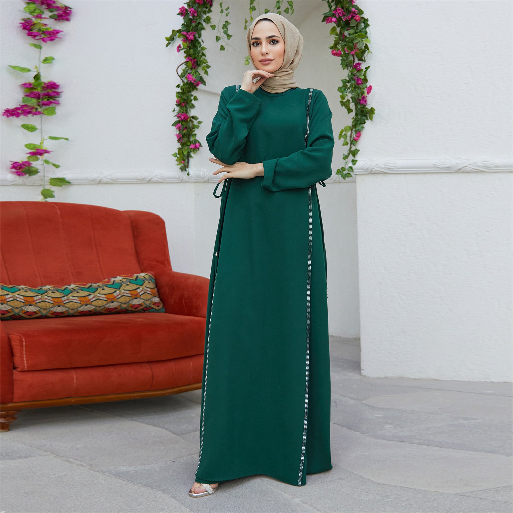 M199#Muslim Middle East Dress AliExpress Amazon Cross-border Abaya Robe Hot Diamond Stitching Waist Dress