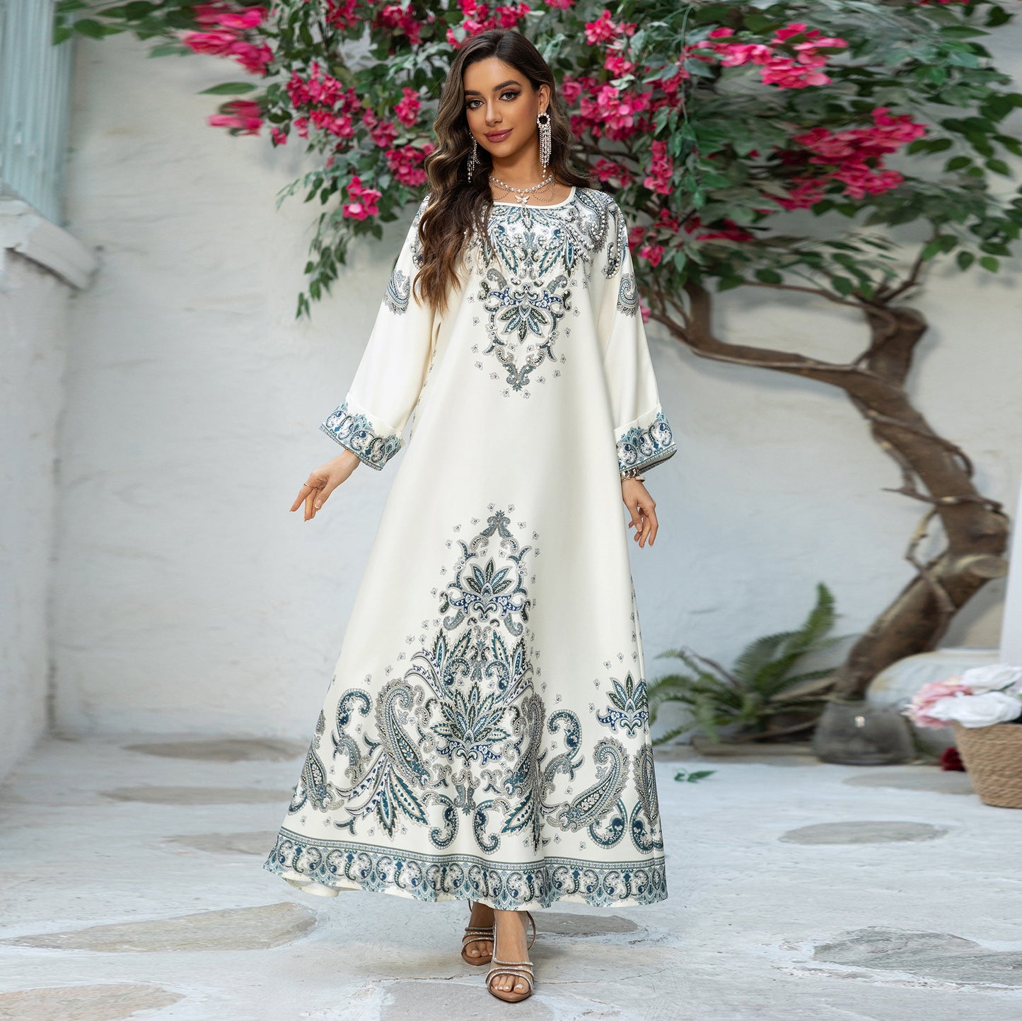 AB425 Cross Border Muslim Robe Printed Dubai Women's Dress Middle East Foreign Trade Hot Diamond Skirt Jalabiya