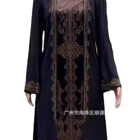 Cross-border European And American Clavicle Black Cardigan Mother Plus Size Hot Diamond Printed Heavy Silk Dress Two-piece Set